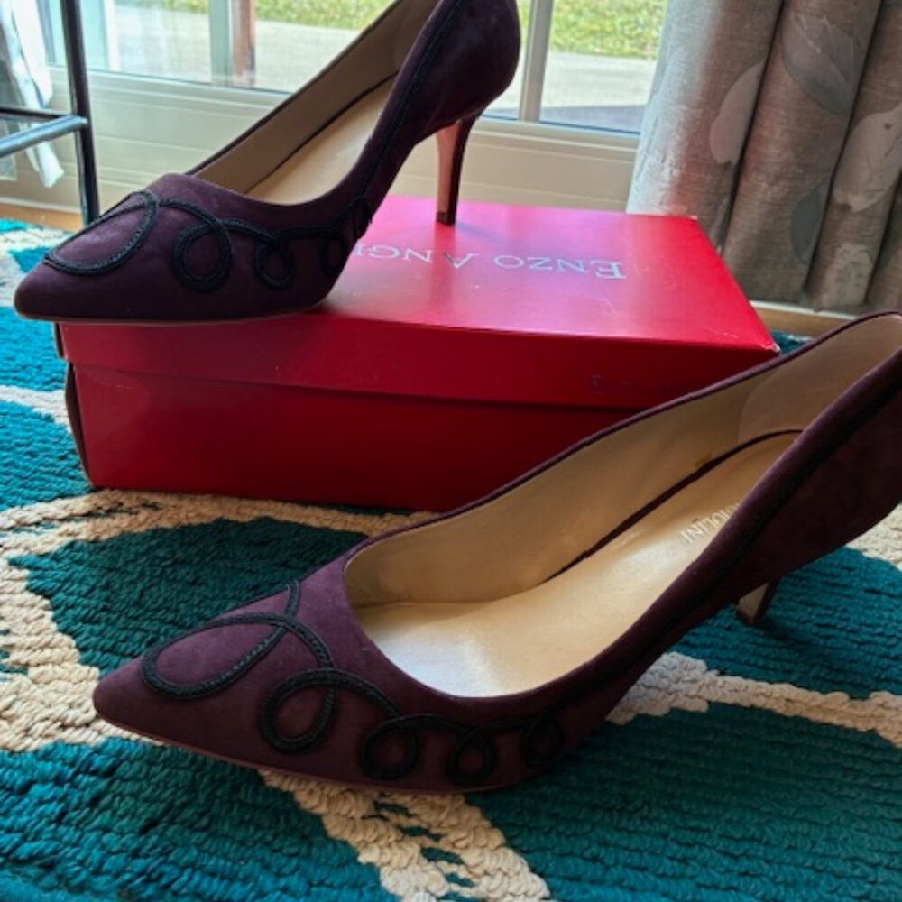 Enzo Angiolini Women Dark Pecan/Wine Suede Leather Black detail Pump Shoes Sz 11